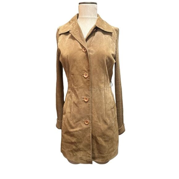 Twiggy Womens Leather Coat with Wool Blend Knit Sleeves Hip Length Retro Size M - Picture 7 of 16